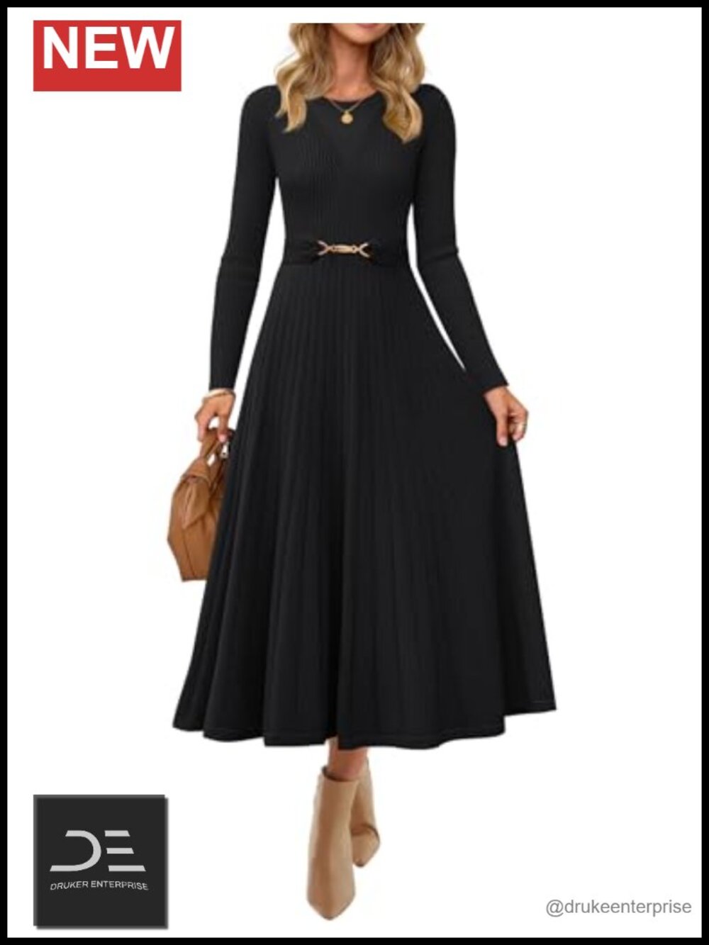 Pleated Midi Sweater Dress Long Sleeve Belted Knit A-Line